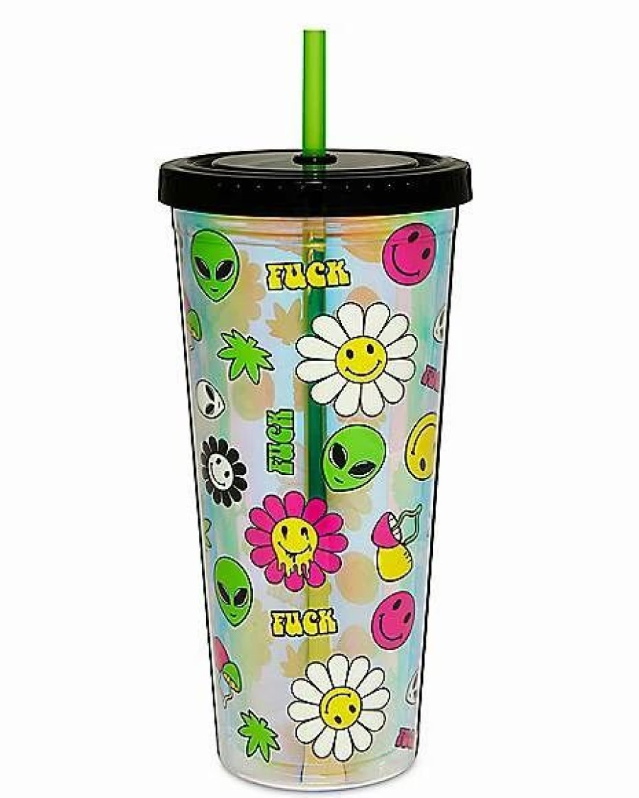 Plastic Drinkware * Wholesale Smiley Faces Cup With Straw 20 Oz.