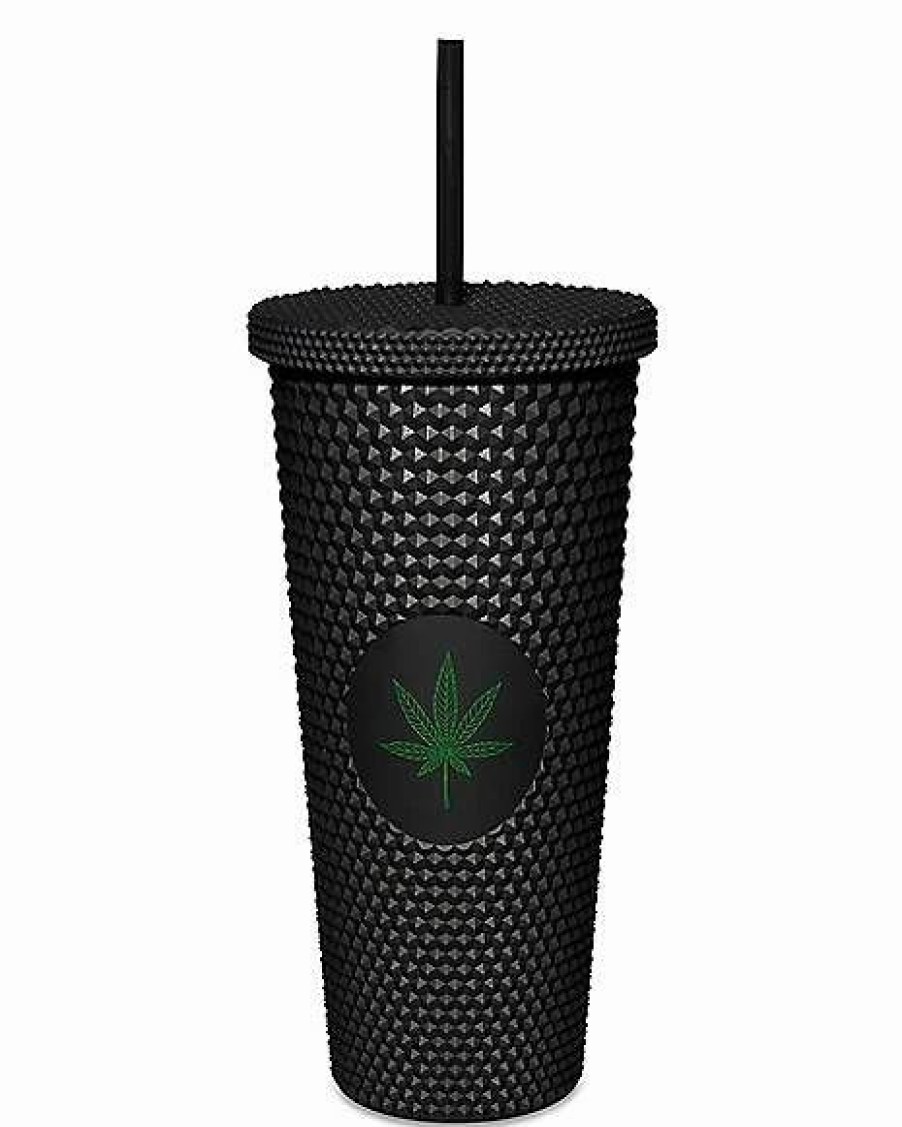 Plastic Drinkware * Cheapest Weed Leaf Textured Cup With Straw 24 Oz. Black