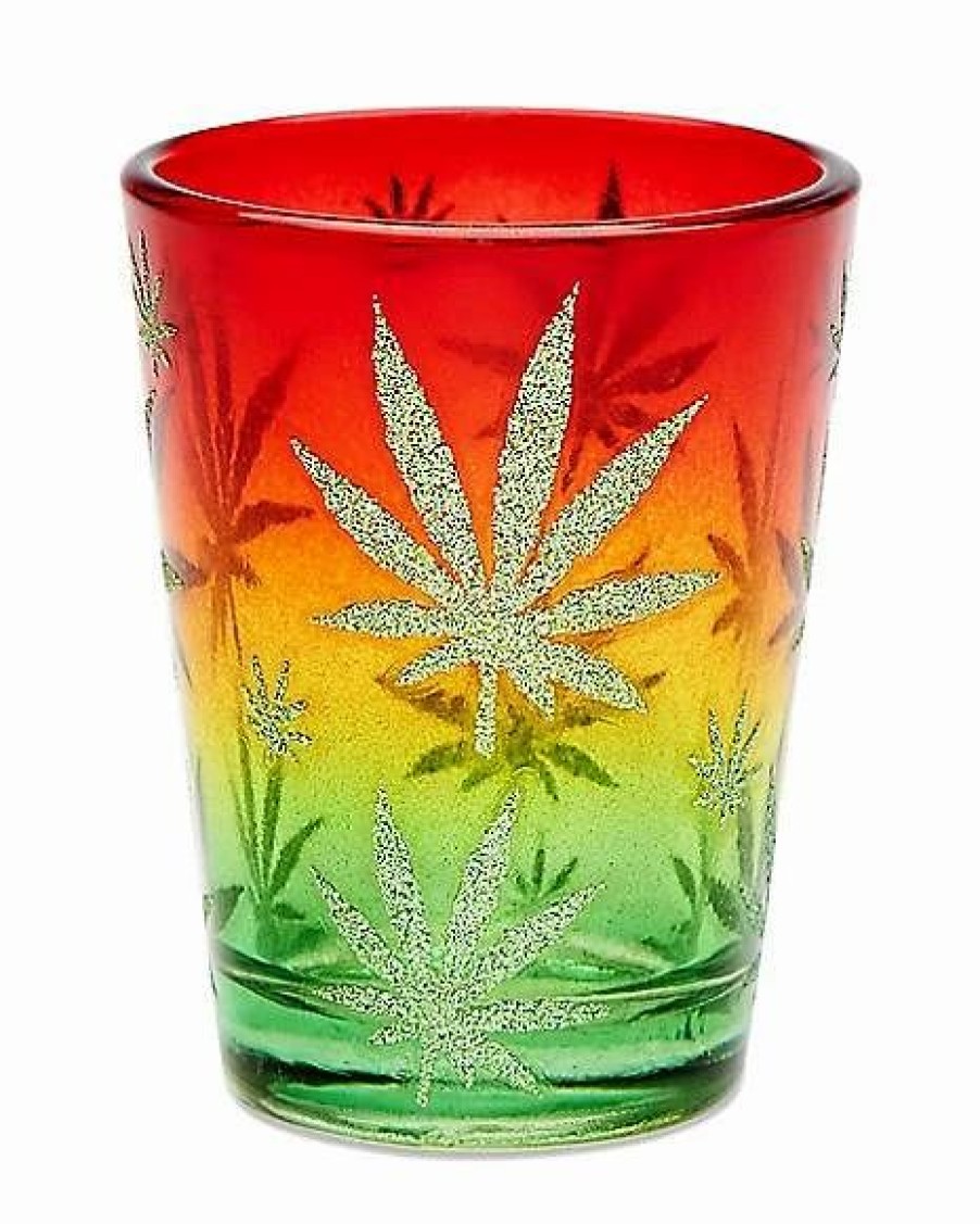 Shooters & Shot Glasses * Cheap Glitter Fade Rasta Leaf Shot Glass 1.5 Oz.