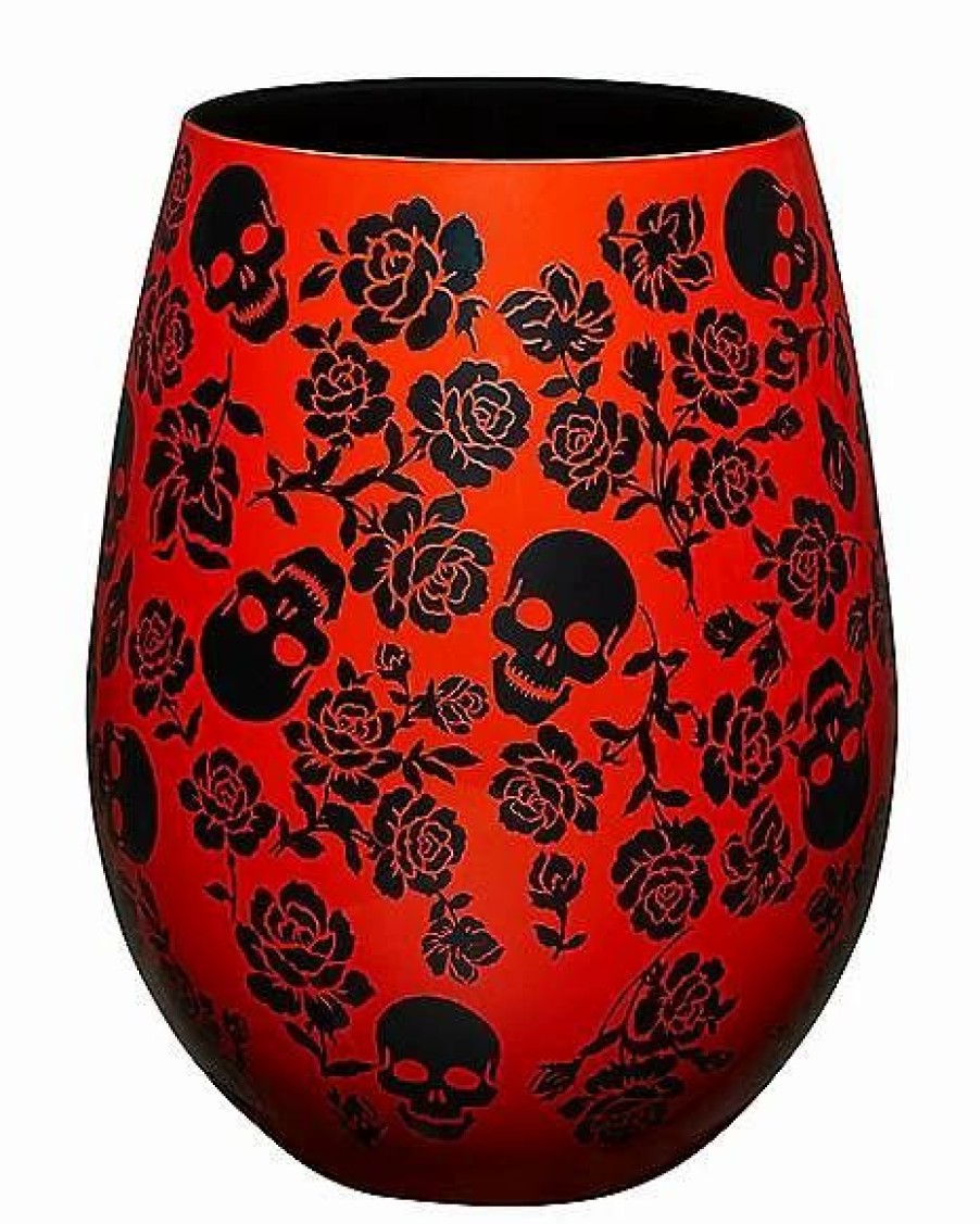 Halloween * Top 10 Skulls And Roses Stemless Glass 22 Oz. Black And Red