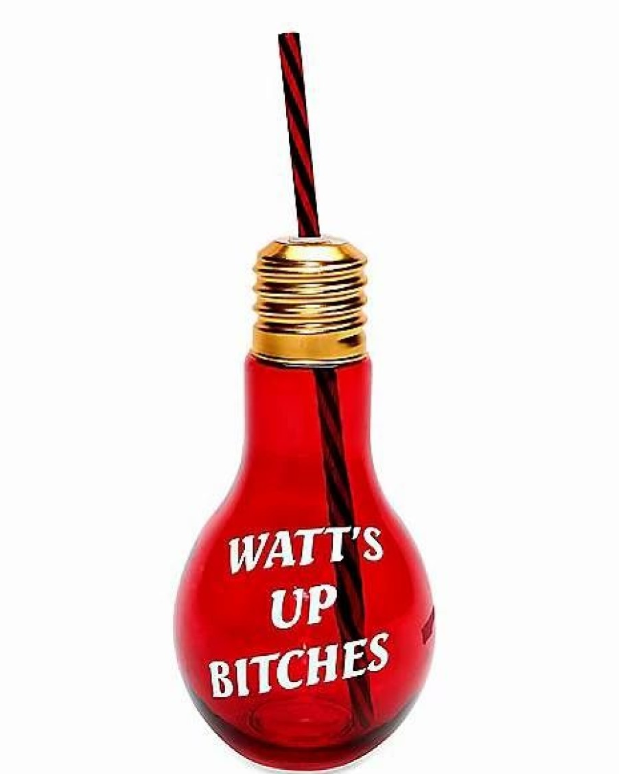 Plastic Drinkware * Wholesale Watt'S Up Bitches Lightbulb Cup With Straw 14 Oz. Red