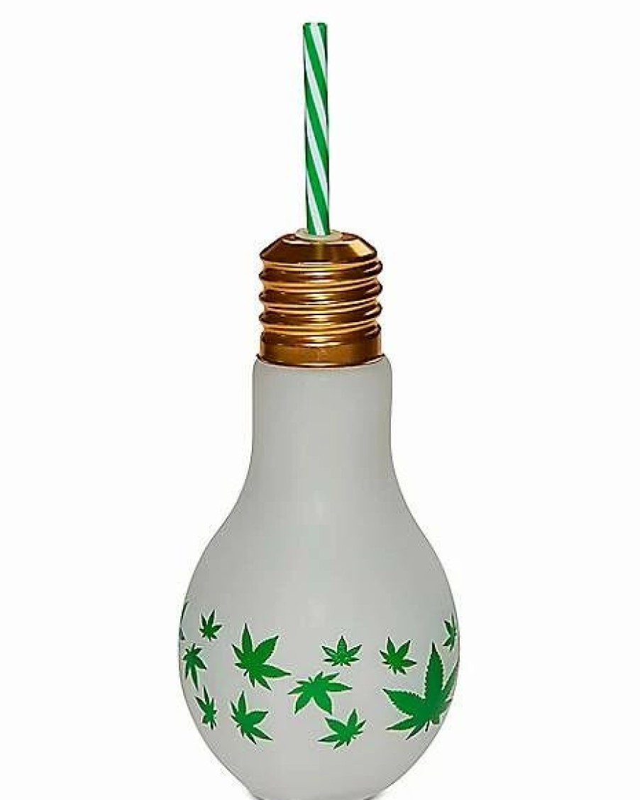 Plastic Drinkware * Promo Light Bulb Leaf Glass With Straw 14 Oz. Green/White